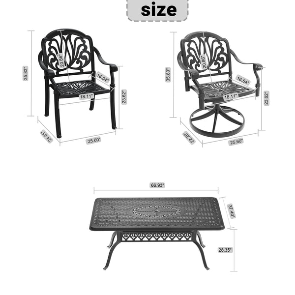 English Elm 7-piece Outdoor Cast Aluminum Dining Set with Ornate Relief Patio Table and Swivel Chairs W1710S00593