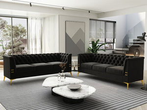 English Elm FX-P83-BK2(SOFA Luxurious Black Velvet 3-Seat Chesterfield Couch with Gold Legs, Tufted, Removable Cushions W576S00077