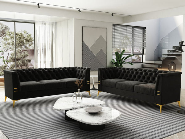 English Elm FX-P83-BK2(SOFA Luxurious Black Velvet 3-Seat Chesterfield Couch with Gold Legs, Tufted, Removable Cushions W576S00077