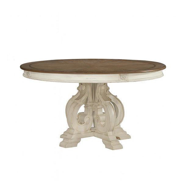 English Elm Round Pedestal Dining Table Antique White Base with Rich Wood Top Seats 6, Stable Durable Classic Charm B016P355887