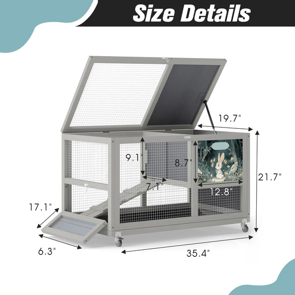 English Elm 2-tier Pine Rabbit Hutch on Wheels with Ramp Removable Tray and Openable Roof W2181P356045
