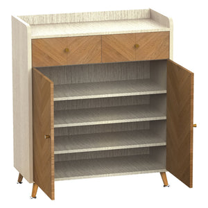 English Elm Shoe Cabinet 4-Tier with 2 Drawers and Doors, Herringbone MDF Top, Adjustable Shelves for Entryway Oak W3383P361253