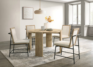 English Elm Baldo Round Oak Veneer Dining Set Seats Four with Wheat Upholstered Farmhouse Chairs B2749S00306