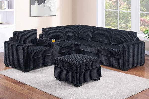 English Elm Contemporary Corduroy L-shaped Sectional with Usb Console Ottoman Included Black B011S02217