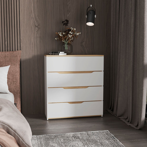 English Elm Lynbrook 4-Drawer Dresser in White & Light Oak — Durable Top, Contemporary Rectangular Design, Ample Storage B06280070