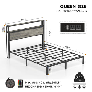 English Elm Queen Metal Platform Bed with Rgb Led Headboard Shelving and Built-in Charging Ports T3963P447321