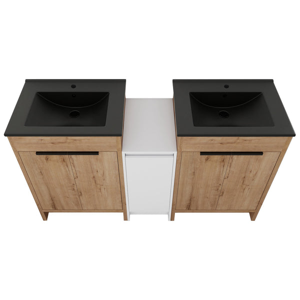 English Elm 60 Inch Freestanding Bathroom Vanity With Black Sink, Soft-Close Doors & Ample Storage Space W999S00322