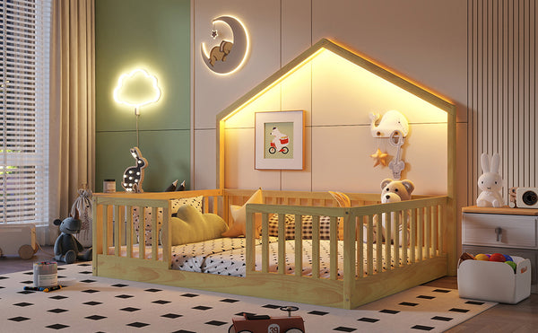 English Elm Twin Montessori Floor Bed House Frame with Led Lighting and Safety Rails for Kids Natural W2593P440609
