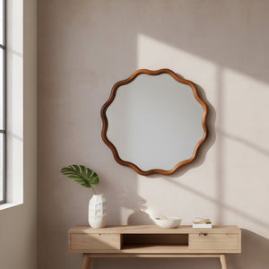 English Elm Black Walnut Solid Wood Wavy Round Mirror Sculptural Bohemian Wall Accent 30 Inch W2203P455238