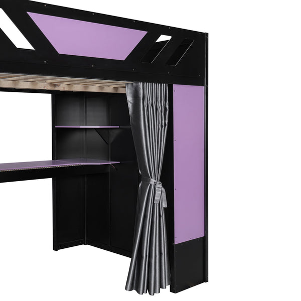 English Elm Full Size Loft Bed with Desk Blackout Curtains Rgb Lighting and Integrated Storage Purple+Black LT000377AAI