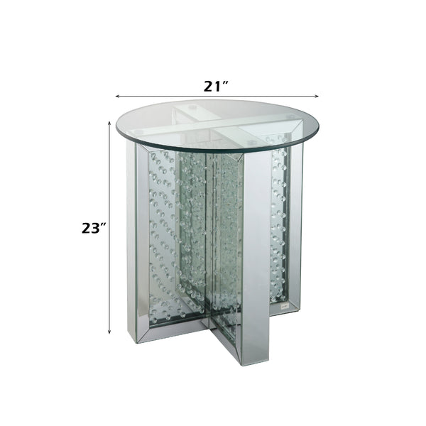 English Elm Nysa Glam Round End Table with Crystal Inlays Mirrored Pedestal and Tempered Glass Top B2726P446707