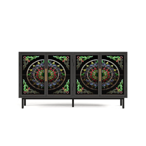 English Elm 60.3 Decorative Cabinet with Stained Glass Doors, Black Metal Frame Buffet for Entry Living Dining W2263P373331