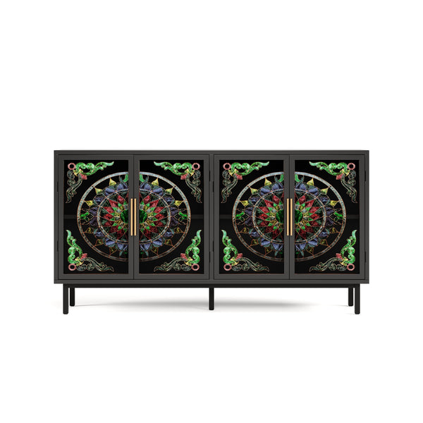 English Elm 60.3 Decorative Cabinet with Stained Glass Doors, Black Metal Frame Buffet for Entry Living Dining W2263P373331
