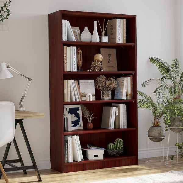 English Elm Bookshelf Mahogany 5-Tier 60" Modern Wood Bookcase — Sturdy 105lb Shelves, Tip-Over Safe Design T3623P379660