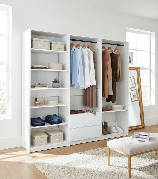 English Elm Prosper White Freestanding Walk-In Wood Closet System — Modular Oak Finish, Durable Melamine, Easy Assembly B040S00146