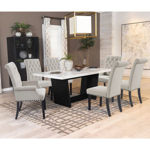 English Elm Rustic Marble-Top 7-Piece Dining Set with Trestle Base, Rustic Espresso Wood & Sand Upholstery, Durable Host-Ready Design B062S01320