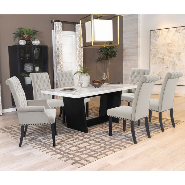 English Elm Rustic Marble-Top 7-Piece Dining Set with Trestle Base, Rustic Espresso Wood & Sand Upholstery, Durable Host-Ready Design B062S01320