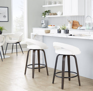 English Elm Fixed-height Swivel Counterstools Walnut Wood Frame White Faux Leather Seat Set of 2 B202S01830