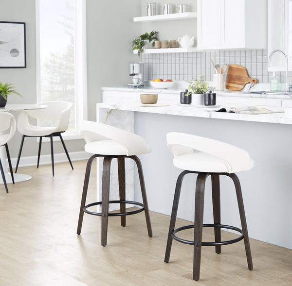 English Elm Fixed-height Swivel Counterstools Walnut Wood Frame White Faux Leather Seat Set of 2 B202S01830