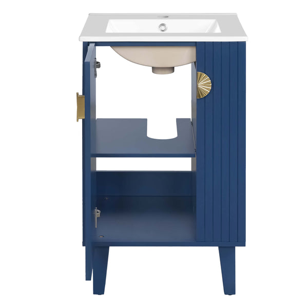 English Elm 20-inch French Style Bathroom Vanity with Integrated Ceramic Sink, Carved Accents & Soft-Close Door Blue N710P330971C