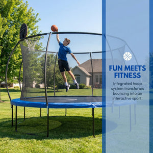 English Elm 14 Foot Pumpkin Shaped Backyard Trampoline with Basketball Hoop Galvanized Steel Frame W2071P319084