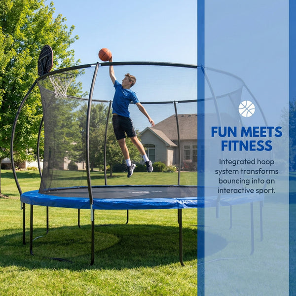 English Elm 14 Foot Pumpkin Shaped Backyard Trampoline with Basketball Hoop Galvanized Steel Frame W2071P319084