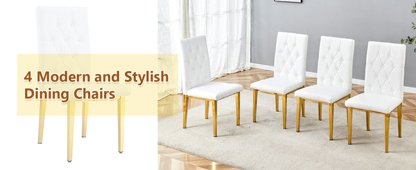 English Elm 4 white dining chairs set with gold legs, quilted PU, stud detailing, armless modern vintage style, easy assembly W1151131992