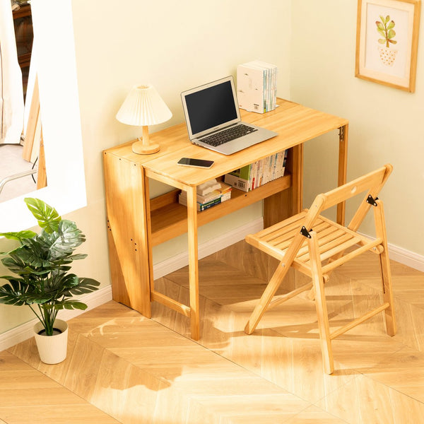English Elm Bamboo Foldable Study Desk Solid Natural Wood Space Saving Home Office Dorm Table W2641P408486