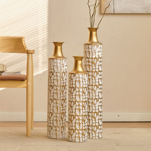 English Elm Floor Antique White Gold Metal Vases Set of 3 (32/28/24") — Tall Decorative Centerpieces for Entryway W2796P193594