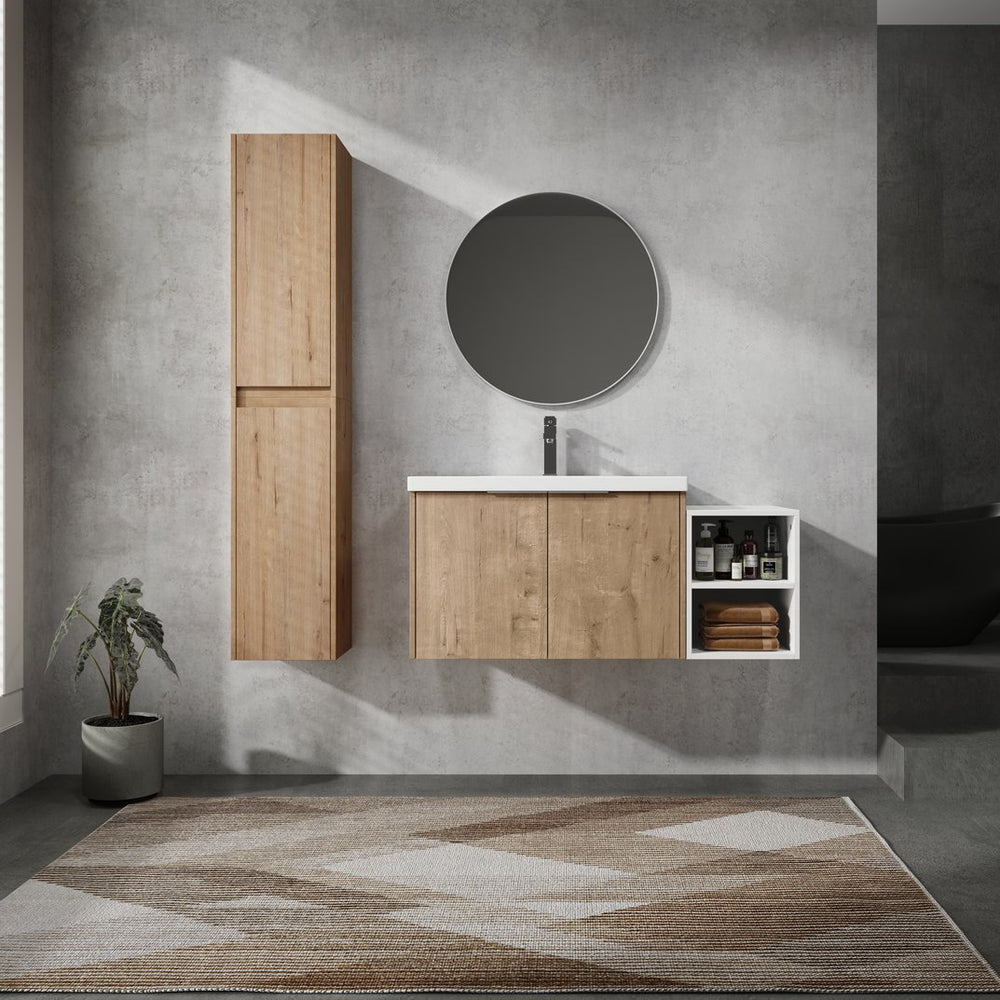 English Elm 42" Wall-Mounted Bathroom Vanity Set With Soft-Close Doors, Resin Sink & Side Cabinets For Style W999S00236