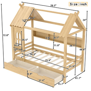English Elm Twin House Platform Bed with Drawers & Shelves, Solid Wood Playhouse Frame for Kids, Cozy Design Natural W1580S00266