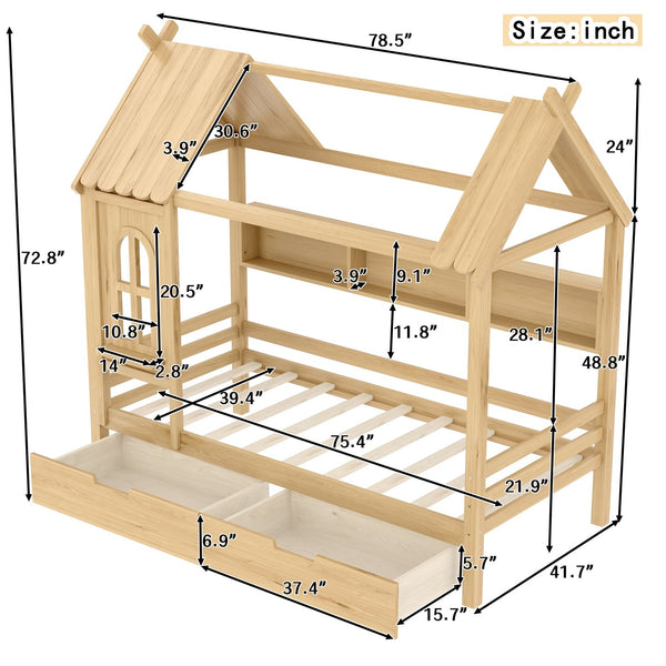 English Elm Twin House Platform Bed with Drawers & Shelves, Solid Wood Playhouse Frame for Kids, Cozy Design Natural W1580S00266