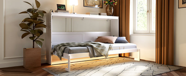 English Elm Twin-size Murphy Wall Bed with Led Lighting Usb Outlet and Decorative Printed Panel White LP000355AAK