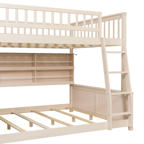 English Elm Full Xl Over Queen Bunk Bed Pinewood Frame with Led Lights Shelving Pegboard Beige LT000279AAA