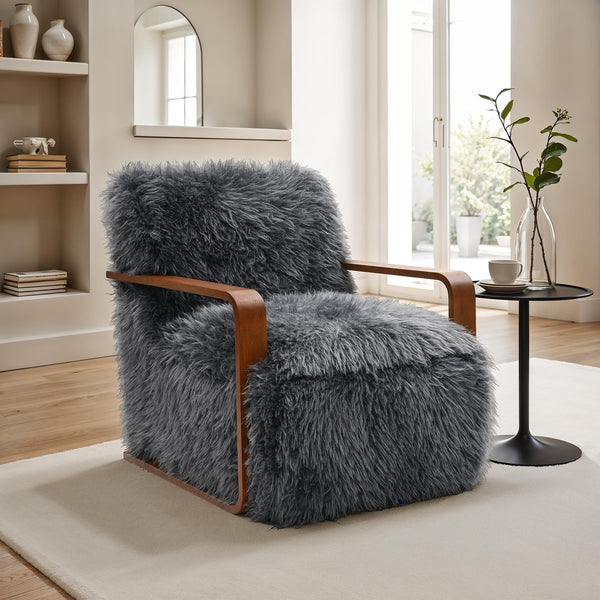 English Elm Charcoal Plush Faux Fur Accent Chair with Walnut Wood Arms — Cozy Modern Living Room Seating Charcoal grey 29 L x 36 W x 33 H B2741P401383