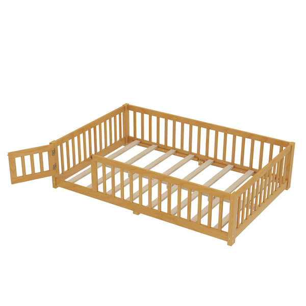 English Elm Full Floor Bed with Safety Guardrails and Play Door for Kids, Low Profile Pine Frame, 550lb Capacity Natural W1580P338952