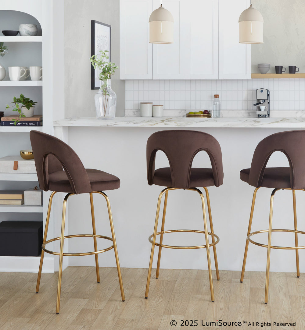 English Elm Fixed-height Swivel Barstools with Gold Footrest Black Frame White Upholstery Set Espresso B202S01882