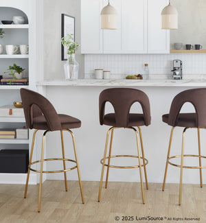 English Elm Fixed-height Swivel Barstools with Gold Footrest Black Frame White Upholstery Set Espresso B202S01882