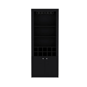 English Elm Bar Cabinet Nixon Modern Black Engineered Wood with 10 Bottle Slots, Wine Glass Rack & Spacious Storage B092P191170