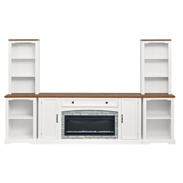 English Elm 3-piece Farmhouse Entertainment Center with Curved Cabinets Walnut Mdf Modular Living Room White N721S000072K