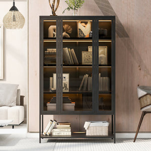 English Elm 67.25'' Tall Steel Curio Cabinet with Led Lighting and Tempered Glass Panels Black SN845P263995B