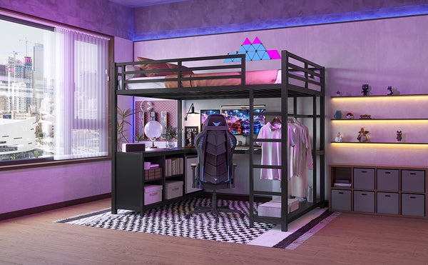 English Elm Metal Loft Bed With Integrated Desk, Storage Shelves & Wardrobe – Space-Saving Solution For All Ages W1580S00117