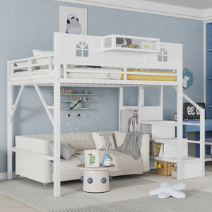 English Elm Full Size Loft Bed With Integrated Wardrobe, Stairs, House-Shaped Guardrails & Space-Saving Design W2593S00037
