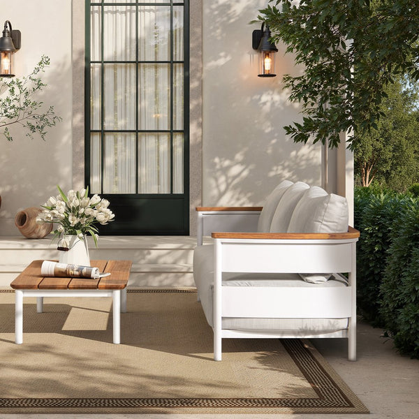 English Elm Jennifer Taylor Home - Rhodes 2pc Teak & Aluminum Outdoor Sofa Set with Coffee Table, Gray Chenille Cushions, Weather-Resistant Elegance B2719P321038