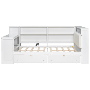 English Elm Wood Full Platform Bed with Led Headboard Built-in Desk Charging Station and Storage Shelves Beige+White N7090001047K-1