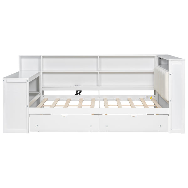 English Elm Wood Full Platform Bed with Led Headboard Built-in Desk Charging Station and Storage Shelves Beige+White N7090001047K-1