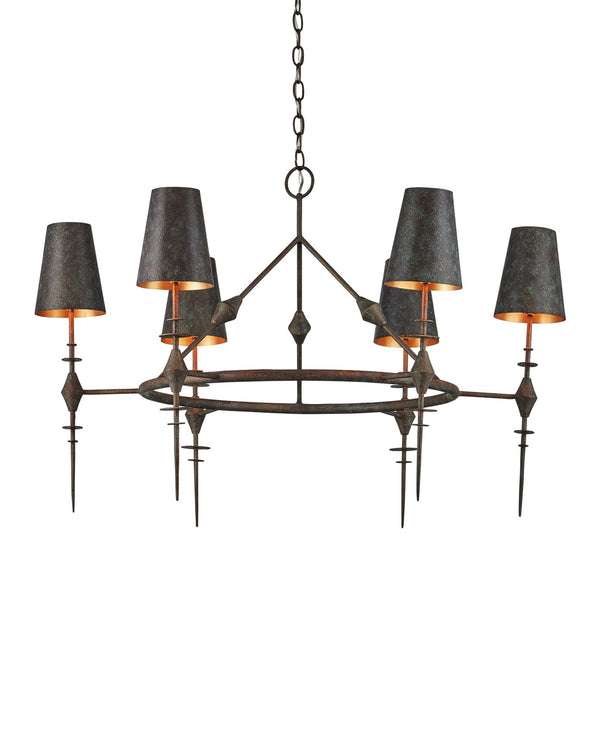 Currey & Company Anselm Chandelier: Brutalist Elegance With Textured Verdigris Bronze & Shimmering Gold Finish Black Wrought Iron 9000-1311-currey-company