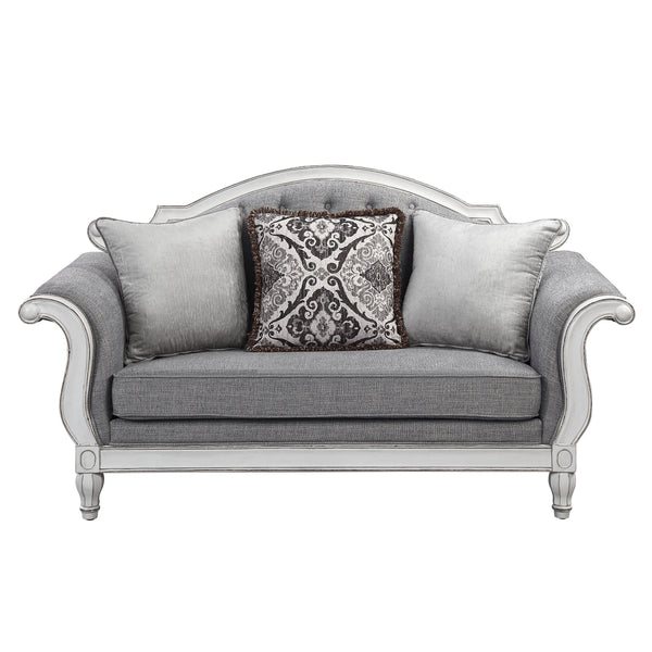 English Elm Florian Gray Fabric Loveseat with Antique White Frame, Button Tufted, 3 Pillows, Pocket Coil Support B2726P345942