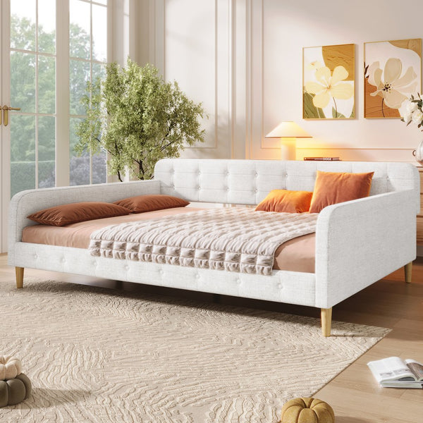 English Elm Queen Upholstered Daybed with Tufted High Sideboard, Linen Finish, Solid Wood Frame, 800lb Capacity Beige N7500001850K