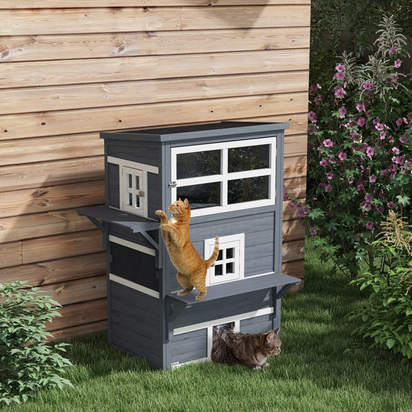 English Elm PawHut Outdoor 3-Story Cat House with Raised Floor, Asphalt Roof, Escape Doors & Play Platforms Dark Gray W2225P229411